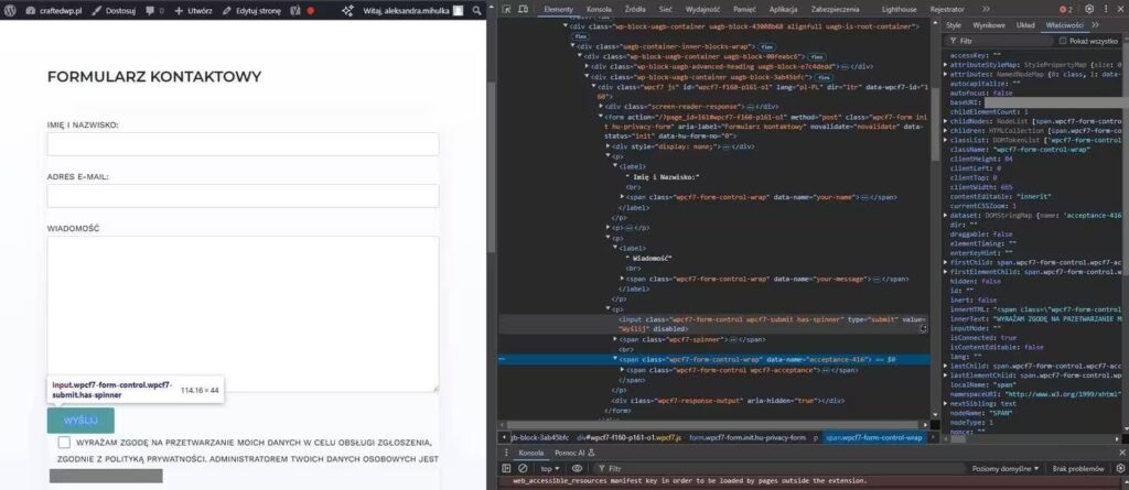 Klasa przycisku w formularzu kontaktowym Blog CraftedWP