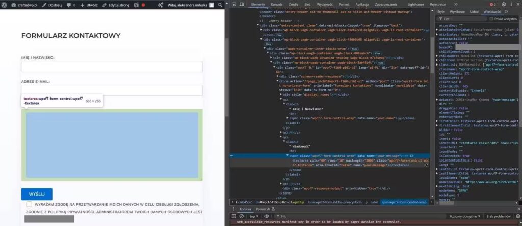 Textarea pole do wpisywania wiadomości w formularzu Blog CraftedWP