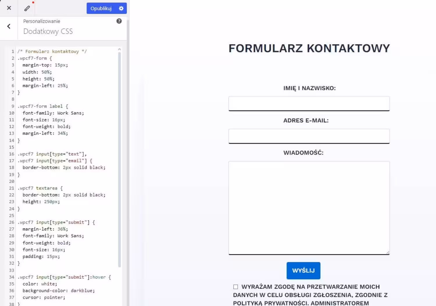 Kod CSS zmiana wyglądu formularza Blog CraftedWP