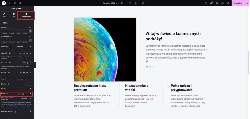 Efekt przybliżenia zdjęcia WordPress Elementor dodanie klasy CSS Blog CraftedWP