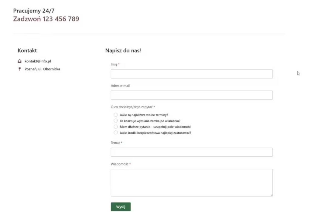 One Page sekcja kontakt strona Ślusarza Blog CraftedWP