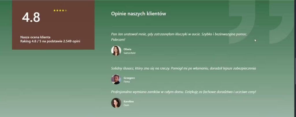One Page sekcja opinie strona Ślusarza Blog CraftedWP