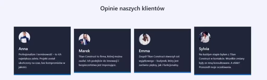 Strona MultiPage sekcja opinie firma konstrukcyjna Blog CraftedWP