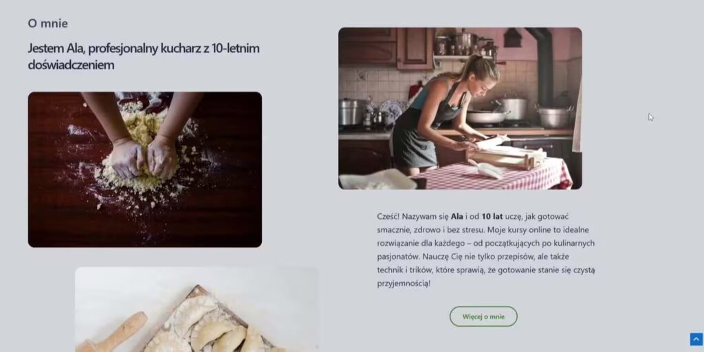 Strona informacyjna sekcja o mnie kurs gotowania Blog CraftedWP