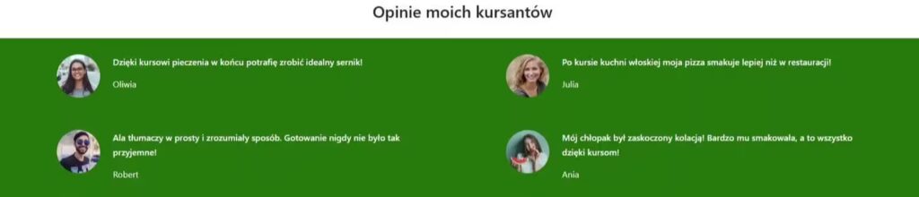Strona informacyjna sekcja opinie kurs gotowania Blog CraftedWP