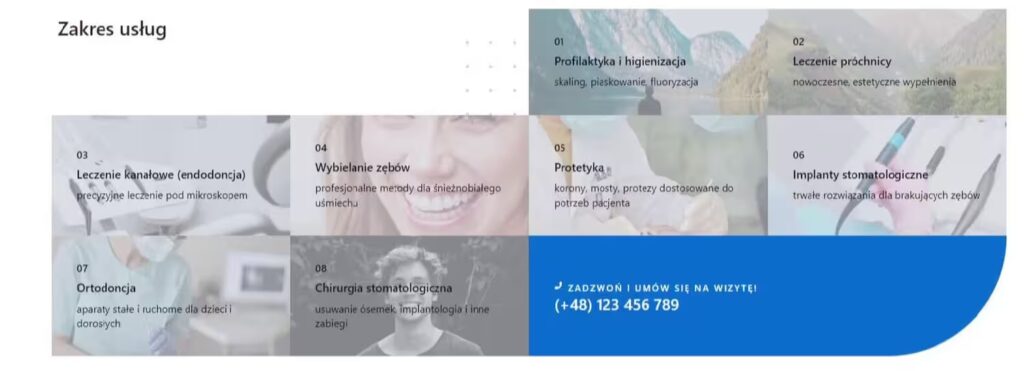 Wizytówka sekcja zakres usług Blog CraftedWP