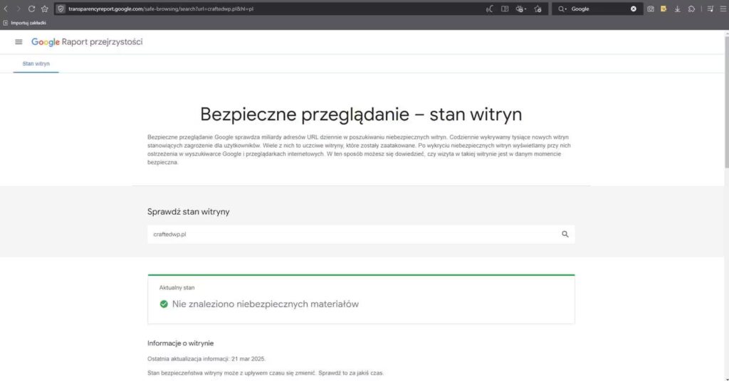 Skaner strony internetowej od Google - transparencyreport.google.comsafe-browsing Blog CraftedWP