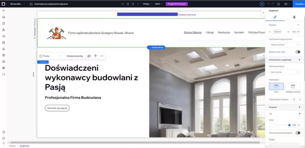 Wix studio - kreator edycja menu i logo Blog CraftedWP
