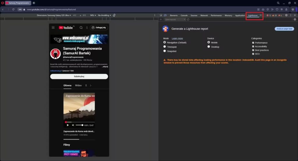 Narzędzie deweloperskie test prędkości strony Lighthouse Blog CraftedWP