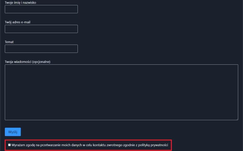 Widok checkboxa ze zgodą na kontakt pod formularzem Blog CraftedWP