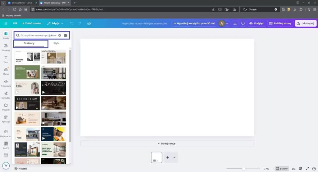 Wybór szablonu strony w Canvie Blog CraftedWP