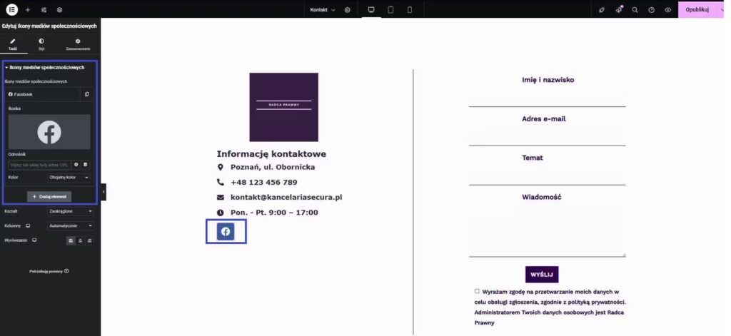 Dodanie ikony Facebook na zakładce kontakt WordPress Elementor Blog CraftedWP
