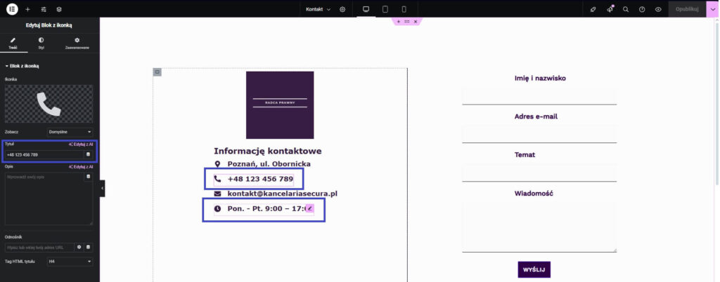 Edycja numeru telefonu i godzin otwarcia WordPress Elementor