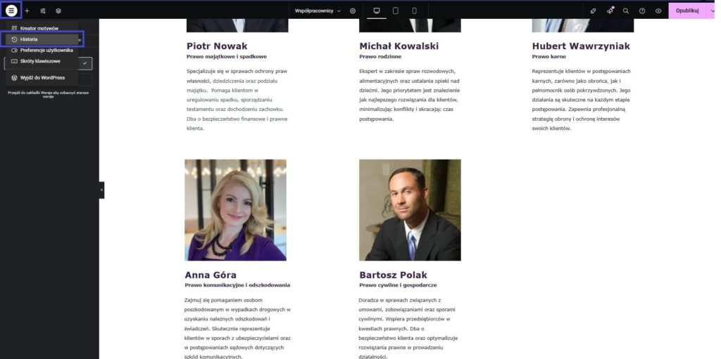 Historia zmian w WordPress Elementor