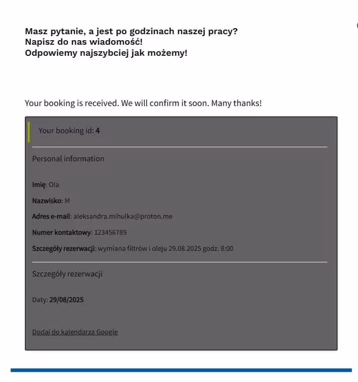Potwierdzenie rezerwacji terminu mechanik samochodowy Blog CraftedWP