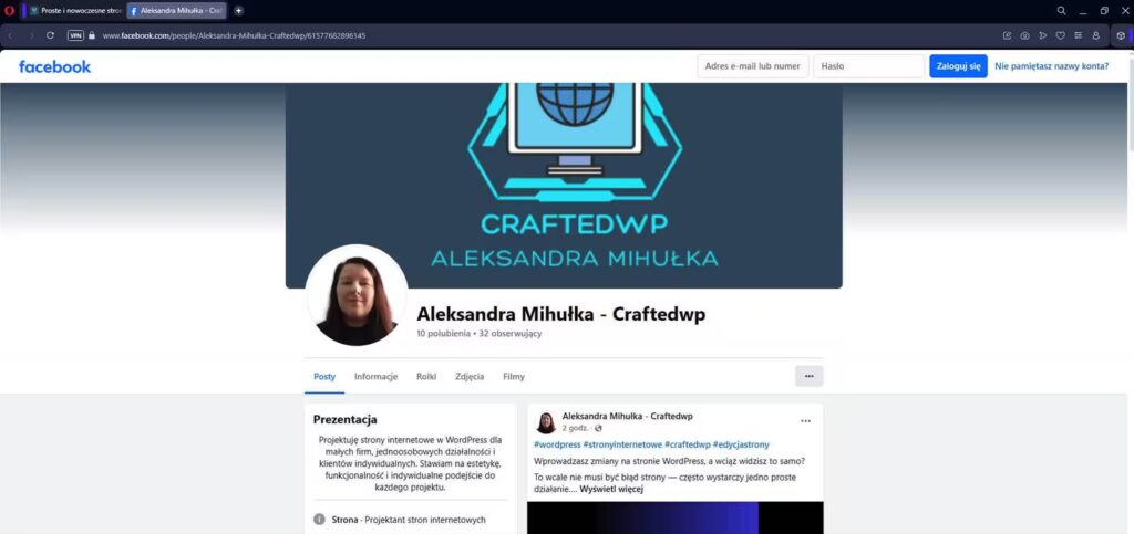 Profil Facebook strony craftedwp Blog CraftedWP