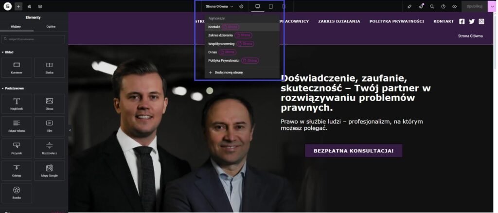 Przejście między stronami w WordPress Elementor