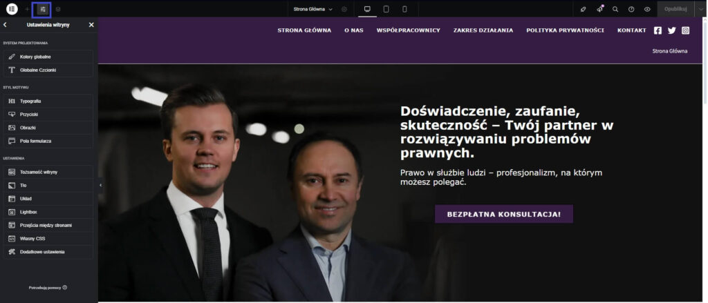 Ustawienia globalne WordPress Elementor