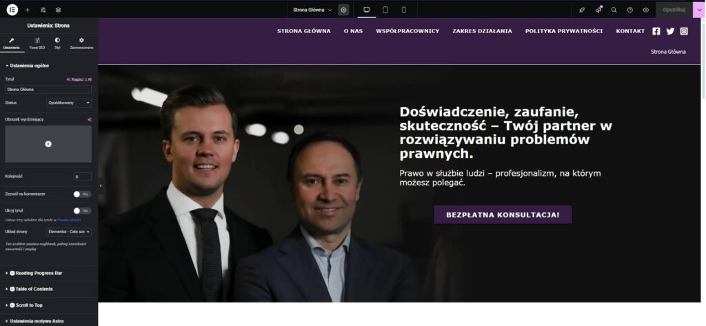 Ustawienia strony WordPress Elementor