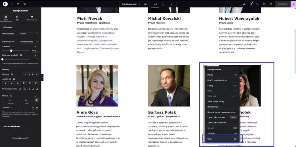 Usunięcie elementu na stronie WordPress Elementor Blog CraftedWP
