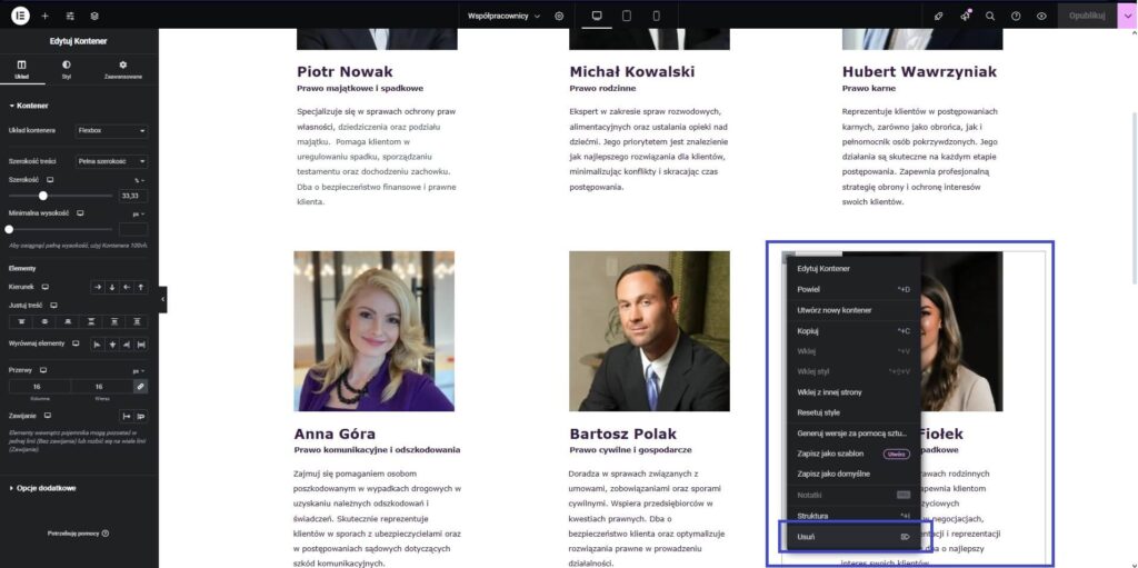Usunięcie kontenera w WordPress Elementor