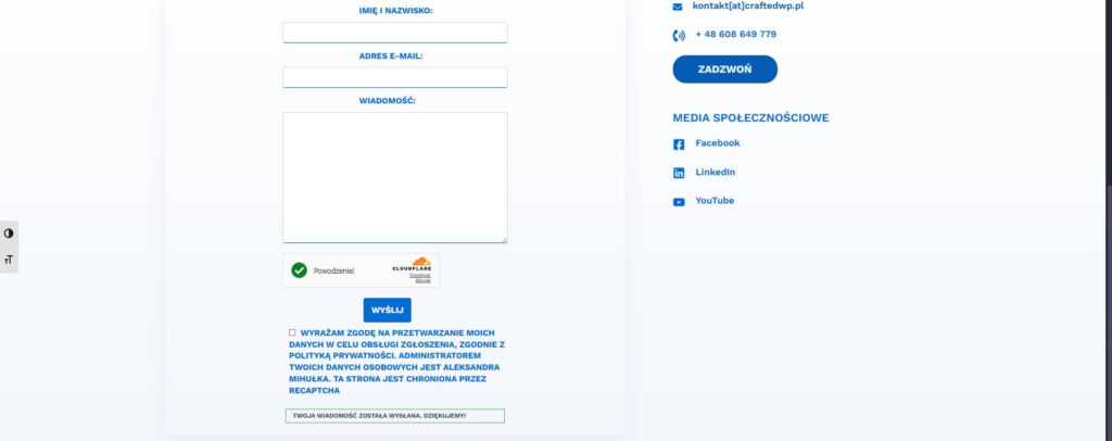 Wiadomość wysłana formularz kontaktowy craftedwp