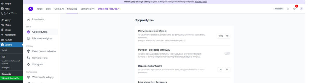Widok wtyczki Spectra WordPress