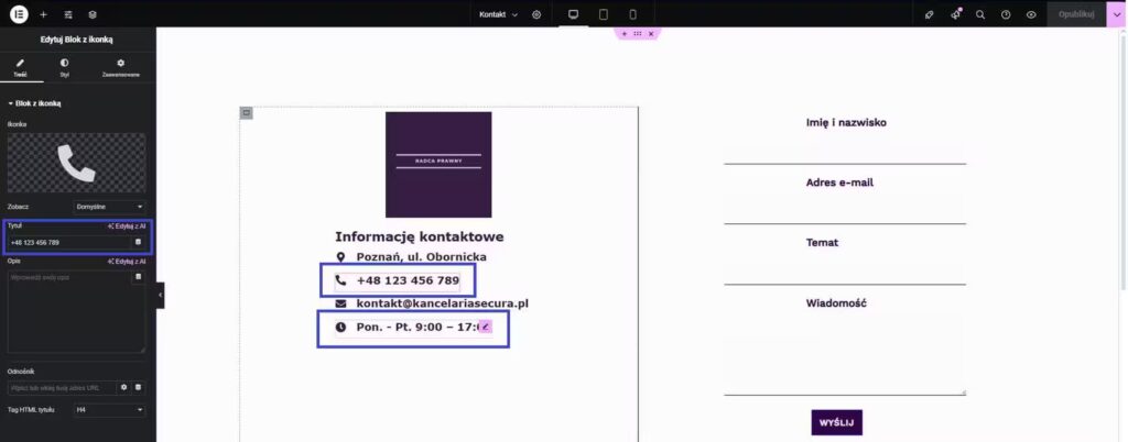 Zmiana danych kontaktowy WordPress Elementor Blog CraftedWP