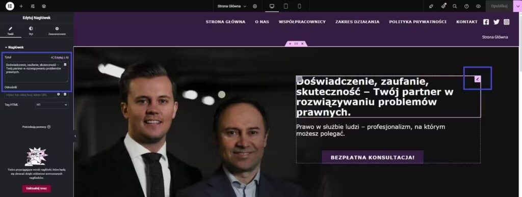 Zmiana nagłówka na stronie WordPress Elementor Blog CraftedWP
