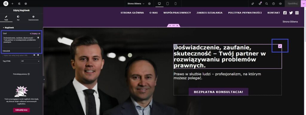Zmiana nagłówka w WordPress Elementor